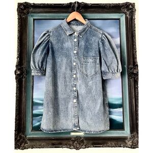 Denim Puff Sleeve Silver Button/ Snap Front Shirt/Top Size S- Check Measurements